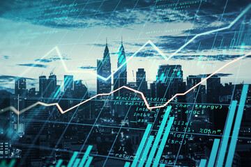 World trade market concept with digital screen with financial graphs and diagram at megapolis city skyscrapers background © Who is Danny
