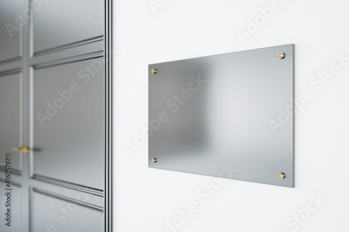 Download Blank Metal Signboard On White Wall Before The Entrance A Room With Grey Door Mockup Wall Mural Peshkov