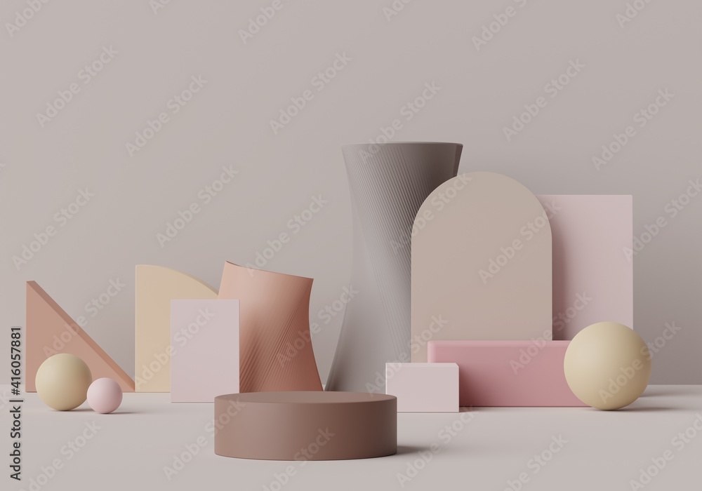 Poster 3d rendering of minimal scene of white blank podium with earth tones color theme. display stand for 