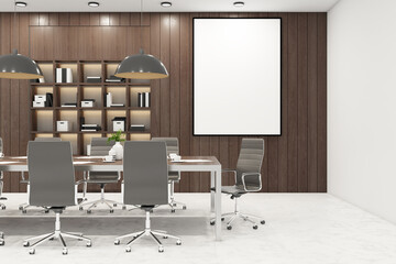 Blank white picture frame in modern meeting room with wooden decoration interior design and marble floor. Mock up