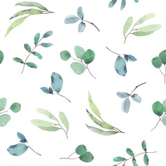Floral seamless pattern with colorful scattered leaves on white background. Watercolor illustration in vintage style.