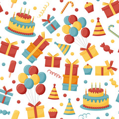 Birthday cream cakes, gift boxes, garlands flat vector seamless pattern. Hand drawn background for a party, holiday