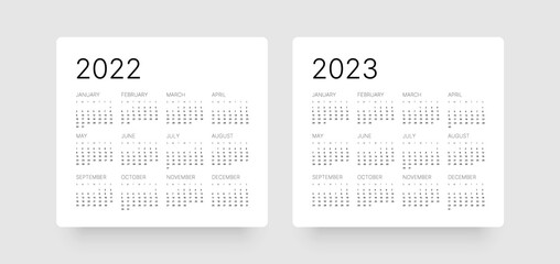 Monthly calendar template for 2022 and 2023 years. Week Starts on Sunday. Wall calendar in a minimalist style.