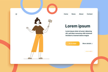 Woman taking selfie. Female blogger using camera with monopod flat vector illustration. Recording video, travel, selfie concept for banner, website design or landing web page
