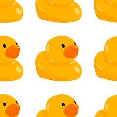 Seamless pattern with yellow rubber duck for the bath. Vector image of an isolated bath toy on a white background. 