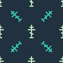Green and beige Christian cross icon isolated seamless pattern on blue background. Church cross. Vector.