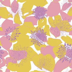 Kussenhoes Floral botanical vector seamless pattern with hand drawn chrysanthemums flowers  and tropical  leaves  in pastel colors.  Abstract botanical motif with stylized hostas or hydrangea leaves. © dinadankersdesign