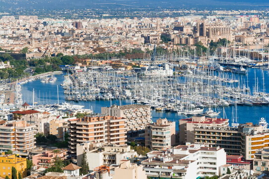 Palma de Majorca harbor bay from Bellver Castle, Palma de Mallorca, Majorca, Balearic Islands, Spain, Mediterranean, Europe