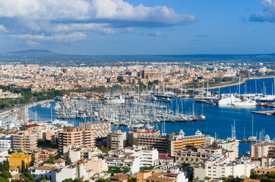 Palma de Majorca harbor bay from Bellver Castle, Palma de Mallorca, Majorca, Balearic Islands, Spain, Europe