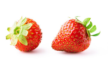 Two ripe strawberry fruits isolated on white background. Clipping path