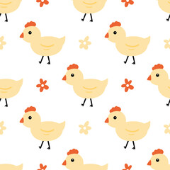 Cute cartoon little chicken and flowers vector seamless pattern background.