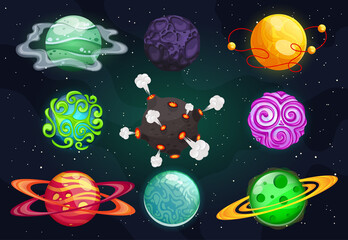 Vector set of cartoon planets. Colorful set of isolated objects. Cosmic elements for game design, fire, snow, mechanical, crystals. Fantasy planets © SERHII