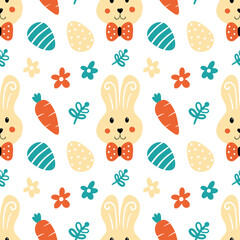 Easter bunny, decorated eggs, carrots and flowers cartoon style vector seamless pattern background for Easter design.
