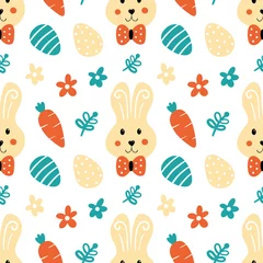 Fototapeten Easter bunny, decorated eggs, carrots and flowers cartoon style vector seamless pattern background for Easter design.  © cosmic_pony
