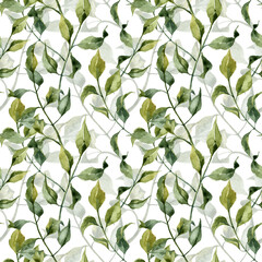 Seamless pattern with watercolor detailed green leaves