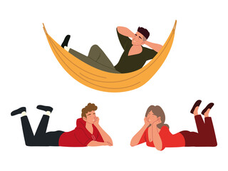 procrastination, people resting and relaxed on the floor and hammock