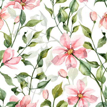 Seamless pattern with watercolor pink flowers and green leaves