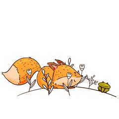 Cute cartoon fox play with frog among flowers among flowers. Funny fox. Hand drawn characters isolate on white background. Vector illustration.
