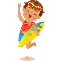 boy  jumping and holding surfboard summer children's fashion during school holidays. Playing for fun or sports.