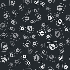 Grey Mobile phone with wrench icon isolated seamless pattern on black background. Adjusting, service, setting, maintenance, repair. Vector.
