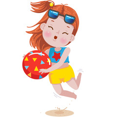 little girl jumping. Children holding a volleyball. kid jump on the sand in summer. Hello summer children's fashion during school holidays. Playing for fun or sports.
