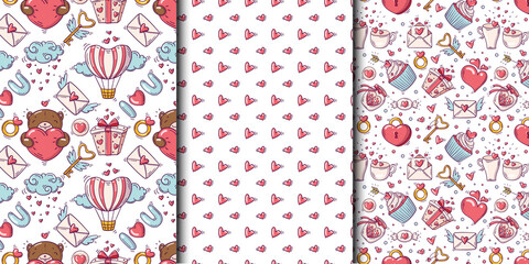 Set of seamless patterns with valentines day and love objects in doodle style on white background
