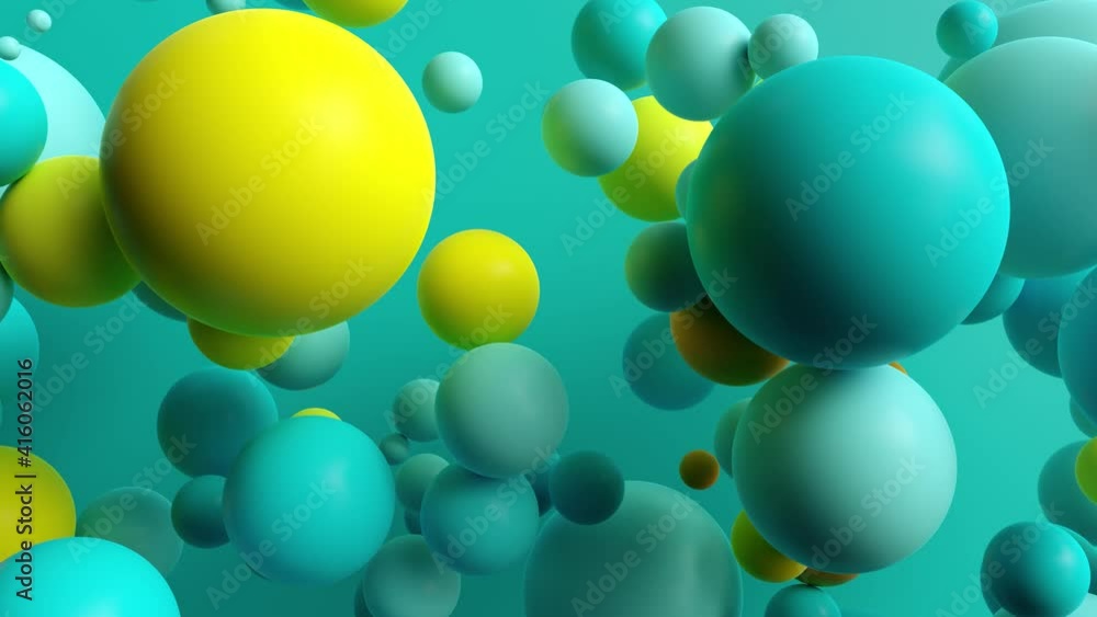 Poster 3d render of blue and yellow colorful spheres. dynamic interaction of spheres. positive and fun back