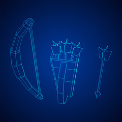 Fototapeta na wymiar Medieval Bow and arrow archer weapon. Wireframe low poly mesh vector illustration.