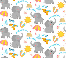 Songkran festival in Thailand. Colorful seamless Pattern with gun,elephant, water