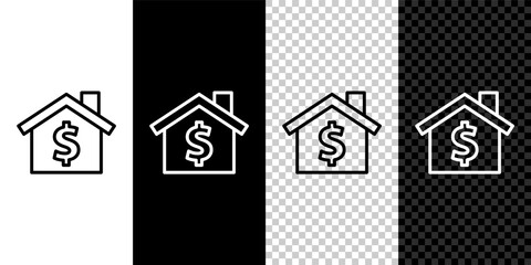 Set line House with dollar symbol icon isolated on black and white, transparent background. Home and money. Real estate concept. Vector.