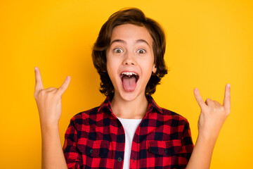 Photo of funky schoolboy tongue out open mouth show horns wear plaid red shirt isolated yellow color background