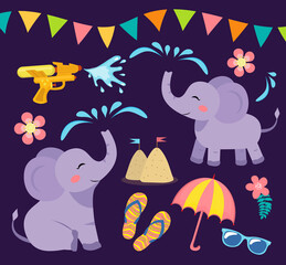 Songkran festival in Thailand objects set. Collection of design elements with elephant, water gun, sand castle, beach attributes. Thai new year water dousing. Vector illustration, clip art