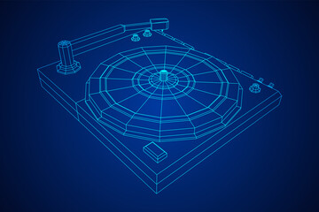 Vinyl turntable audio device. Wireframe low poly mesh vector illustration.