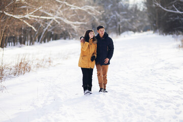 Fototapeta na wymiar On a winter day, a young couple is walking in an embrace in the park and communicating