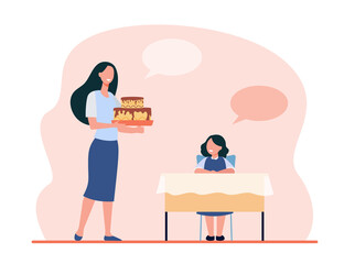 Mom and daughter kid celebrating girls birthday with cake. Mother holding homemade dessert. Flat vector illustration. Festive sweet food, pastry concept for banner, website design or landing web page