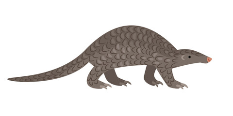 African reptile. Cartoon big lizard, exotic character of zoo, endangered beast of wildlife, vector illustration of pangolin isolated on white background