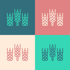 Pop art line Cereals set with rice, wheat, corn, oats, rye, barley icon isolated on color background. Ears of wheat bread symbols. Vector.