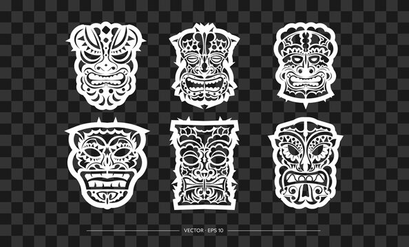 Polynesia Mask Pattern Set. The contour of the face or mask of a warrior. Template for print, t-shirt or tattoo. Vector illustration.