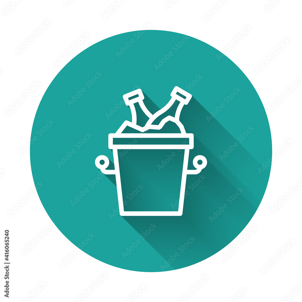 Poster white line beer bottles in ice bucket icon isolated with long shadow background. green circle button