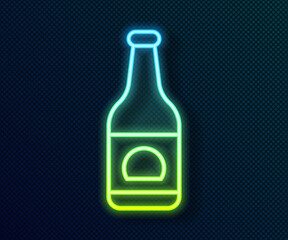 Glowing neon line Beer bottle icon isolated on black background. Vector.