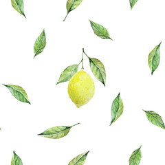 Green leaves and lemon fruit seamless pattern. Watercolor background. Design for fabric, scrapbooking, packaging paper, wallpaper, wraping, textile. High quality 300 dpi