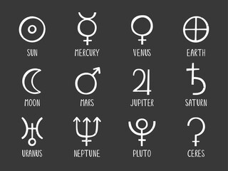 Set of ancient astrological symbols of the solar system planets. Sun, Mercury, Venus, Earth, Moon, Mars, Jupiter, Saturn, Uranus, Neptune, Pluto and Ceres. Vector hand drawn illustration