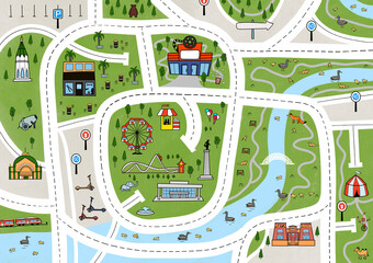 Children's placemat. Kids paper poster with roads to drive cars. Children's city with roads and attractions. City map © jane_v_afrike