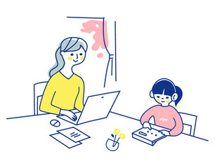 リモートワークをする母親と一緒に勉強する女の子