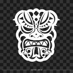 Totem in the shape of a face made of patterns. The contour of the face or mask of a warrior. For T-shirts and prints.