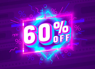 Cyber 60 off sale banner, light neon flyer, retro label. Vector