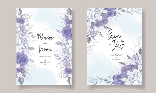 Elegant Wedding Invitation Card With Beautiful Purple Flowers