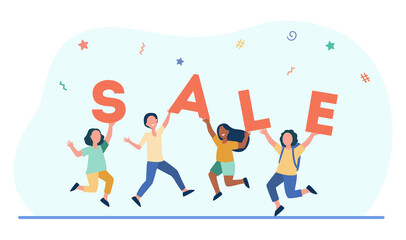 Happy children celebrating sale. Diverse kids party, discount, special offer. Flat vector illustration. Retail event, commerce, shopping concept for banner, website design or landing web page