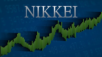 Obraz premium The Japanese stock market index Nikkei keeps rising. The green ascending bar chart on a blue background with the silver headline indicates a bullish market.