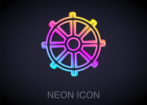 Glowing neon line Dharma wheel icon isolated on black background. Buddhism religion sign. Dharmachakra symbol. Vector.